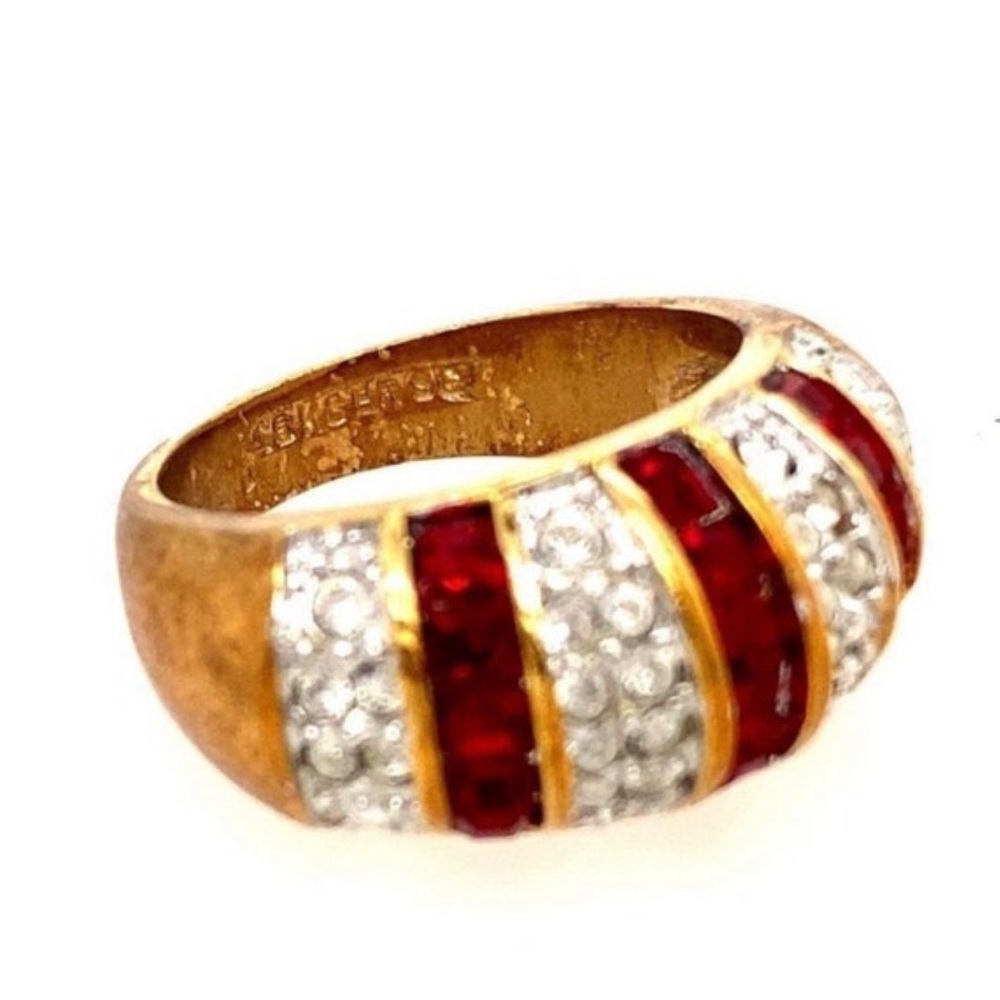 Vintage Gold 18KGE Statement Ring with Red & White Rhinestones, Size 5 - Picture 2 of 4